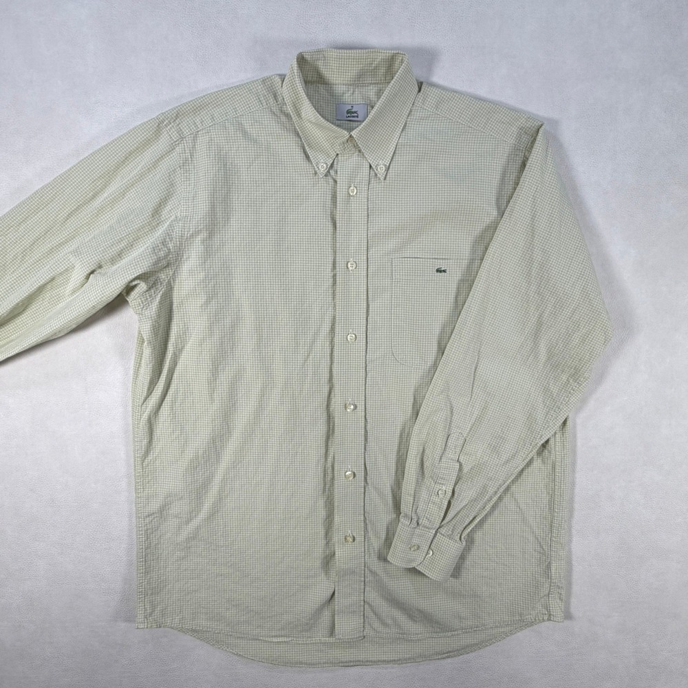 Lacoste Button Down Shirt Mens‎ 40 Green White Micro Check Cotton Pocket
